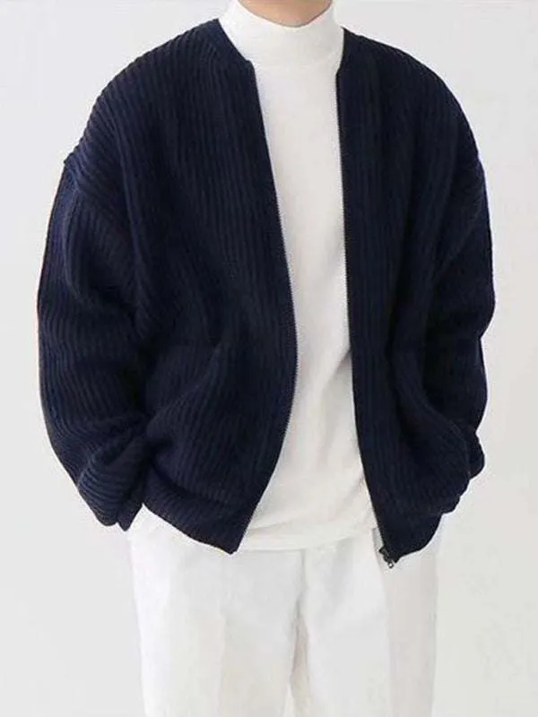 Men's solid color loose casual lazy style knitted sweater cardigan