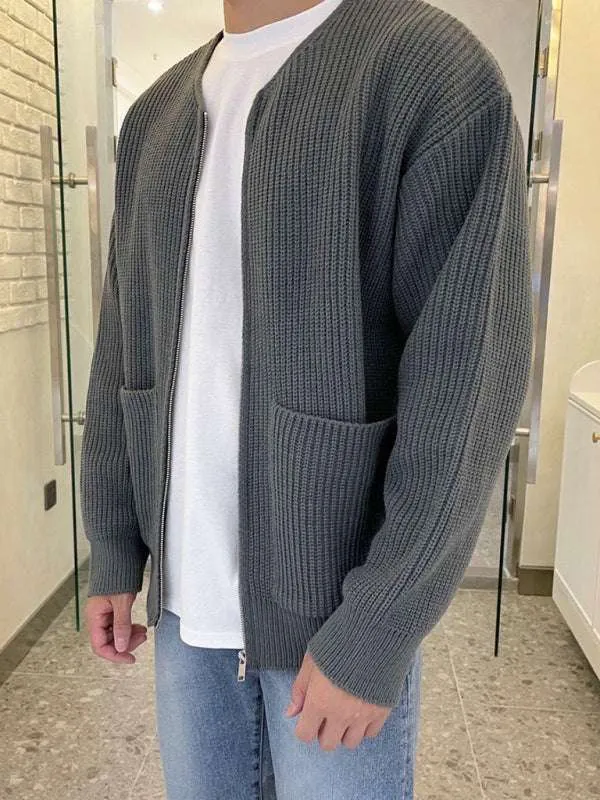 Men's solid color loose casual lazy style knitted sweater cardigan