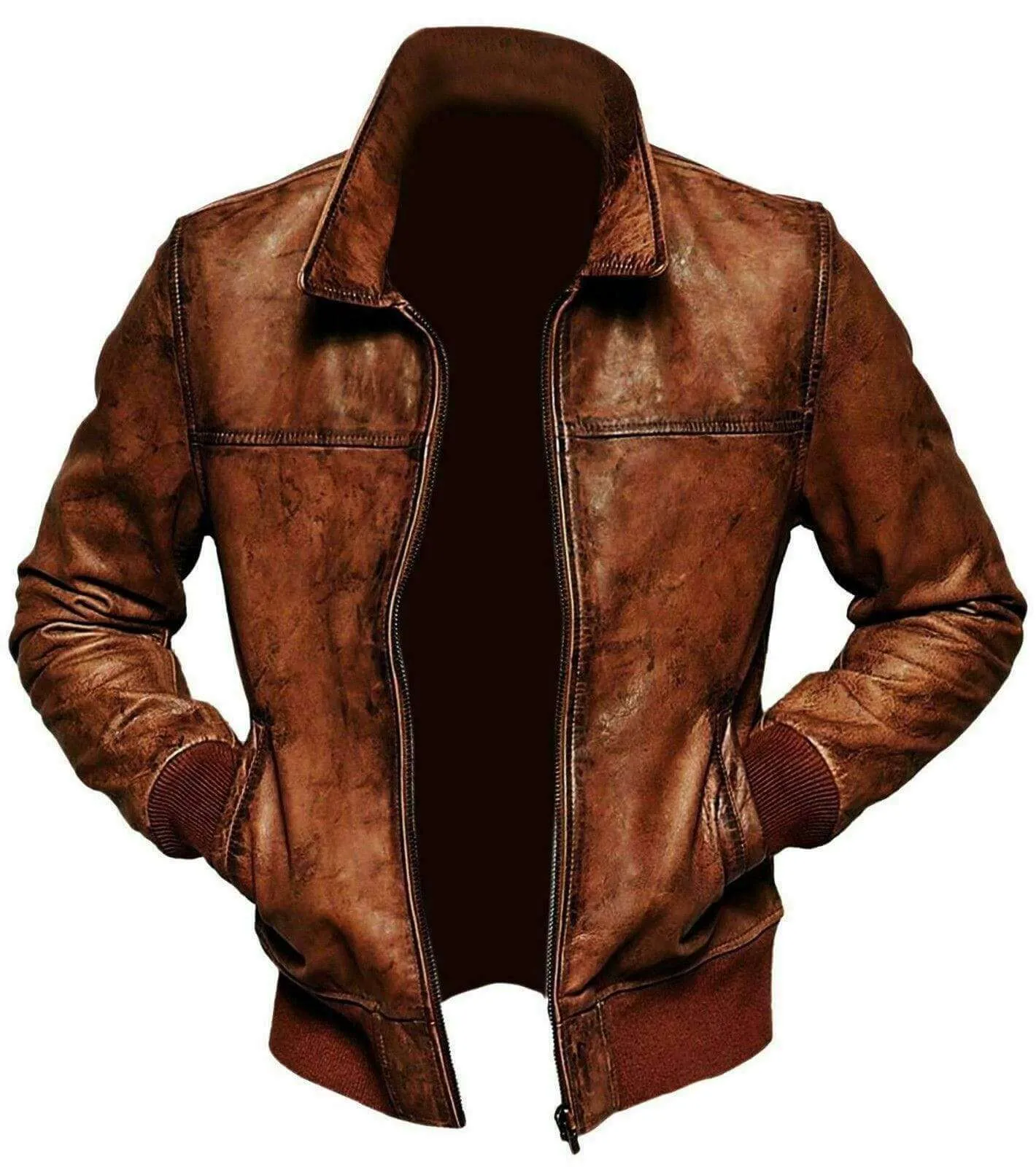 Mens Vintage Distressed Brown Bomber Winter Leather Biker Jacket