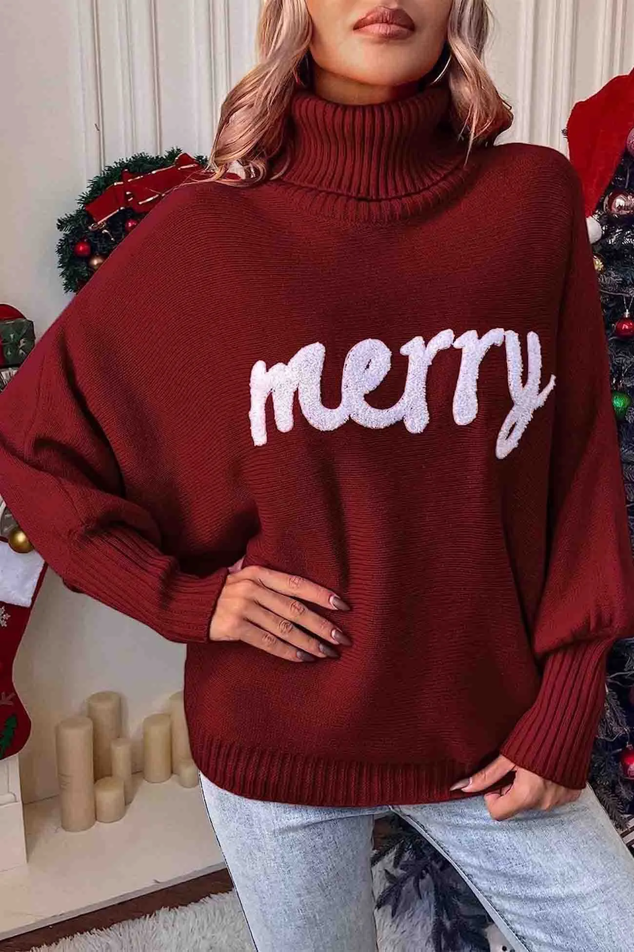 Merry Printed Dolman Sleeve Turtleneck Knitted Sweater