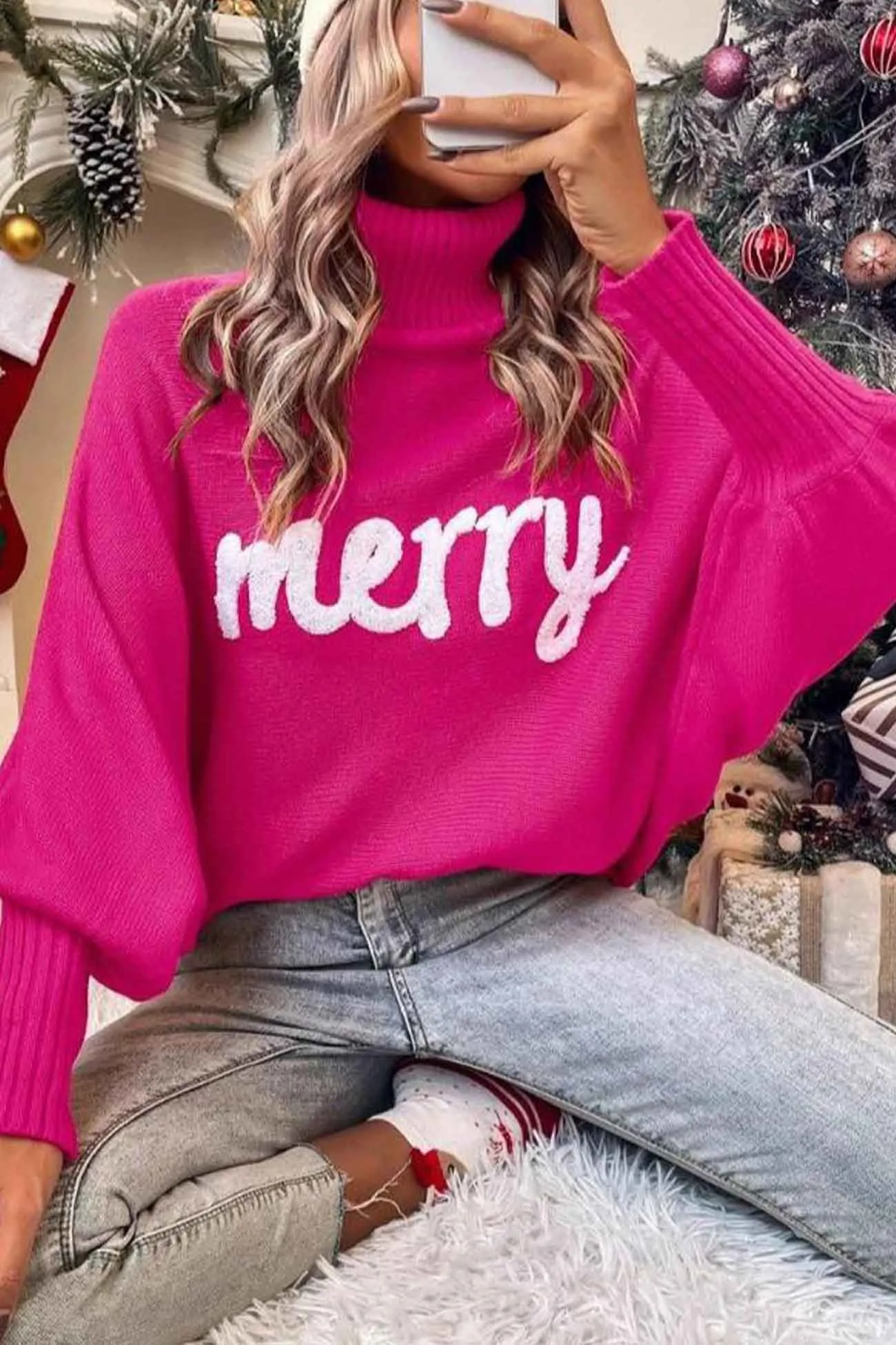 Merry Printed Dolman Sleeve Turtleneck Knitted Sweater