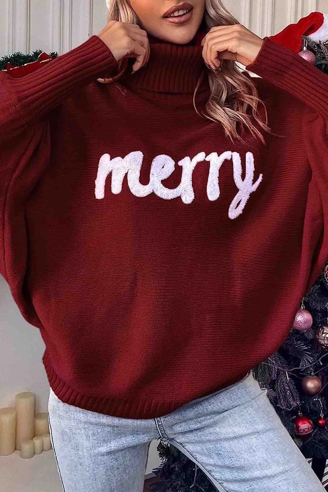 Merry Printed Dolman Sleeve Turtleneck Knitted Sweater