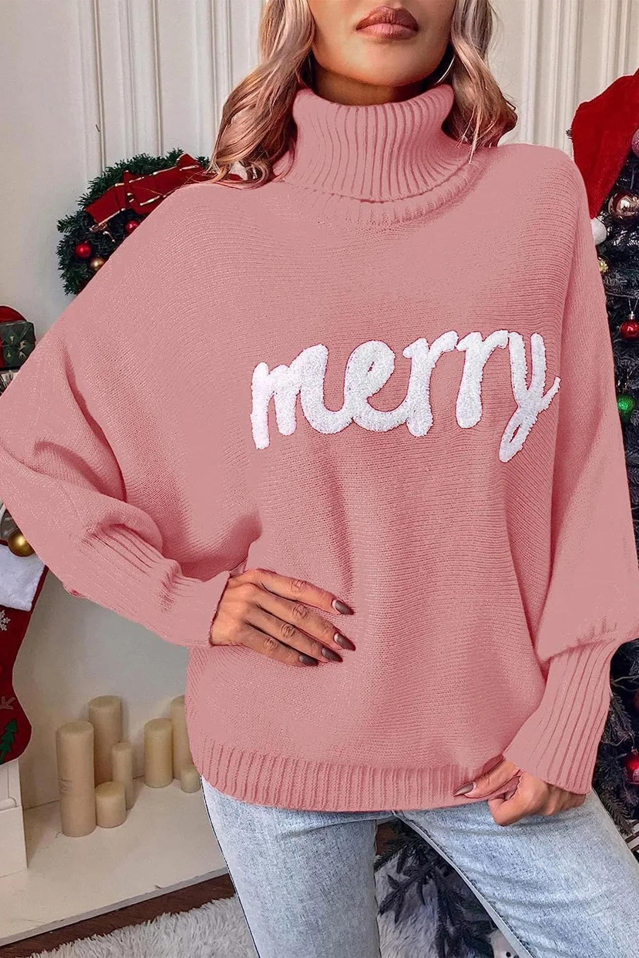 Merry Printed Dolman Sleeve Turtleneck Knitted Sweater