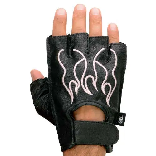 Milwaukee Leather SH198 Women's Black Leather Gel Padded Palm Fingerless Motorcycle Hand Gloves W/ ‘Pink Flame Embroidered’