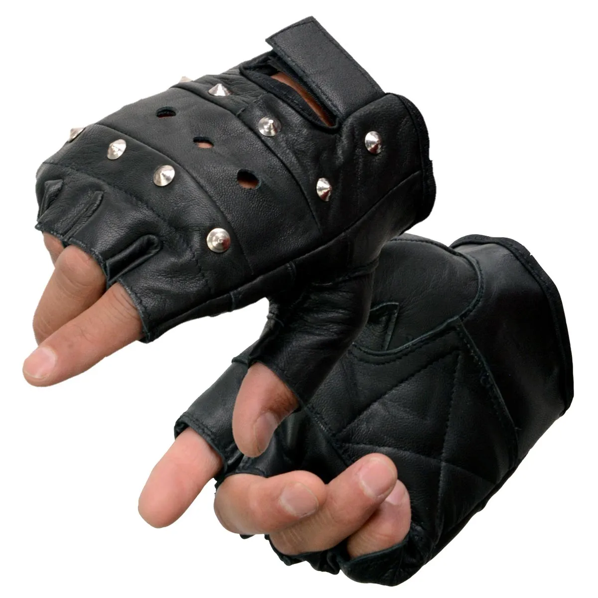 Milwaukee Leather SH211 Men's Black Leather Gel Padded Palm Fingerless Motorcycle Hand Gloves W/ ‘Open Knuckle’ & Detailing