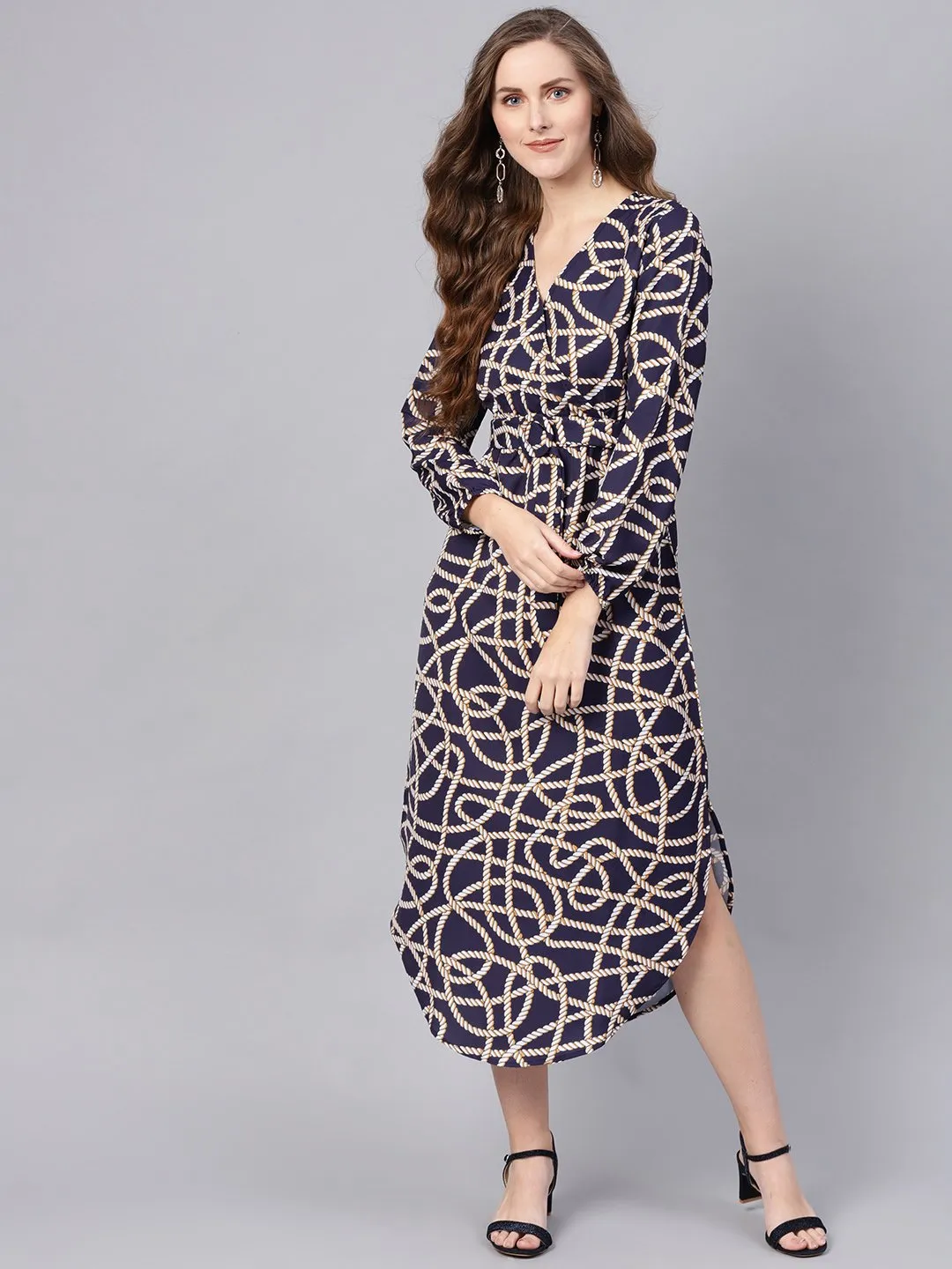 Navy Linked Print Belted Wrap Dress