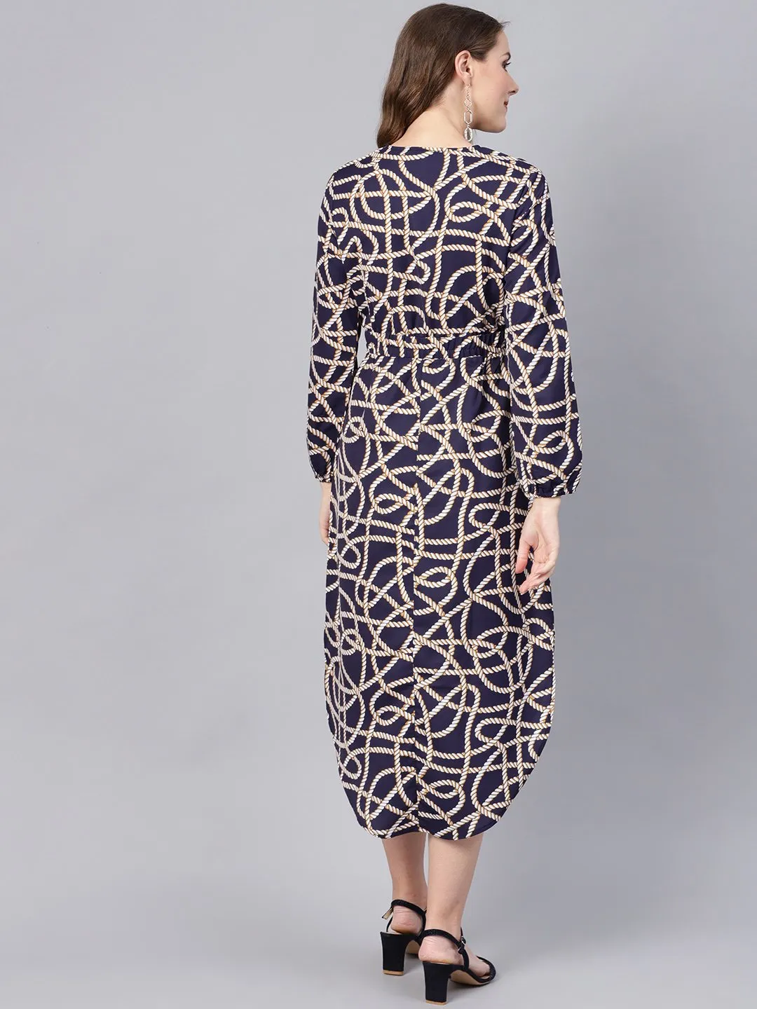 Navy Linked Print Belted Wrap Dress