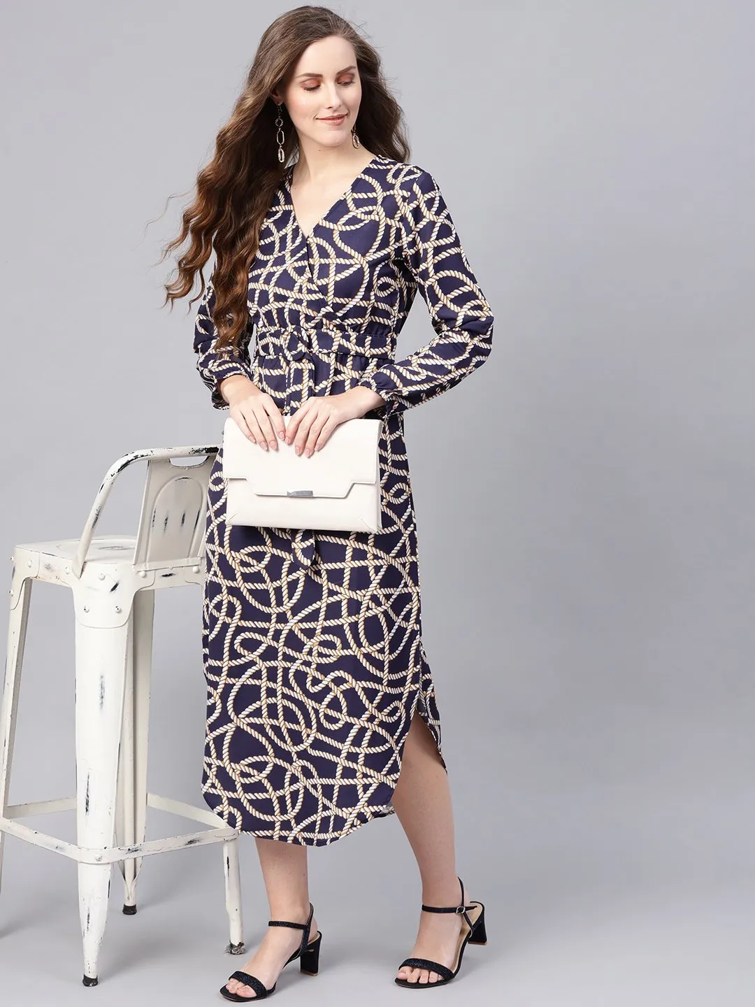 Navy Linked Print Belted Wrap Dress