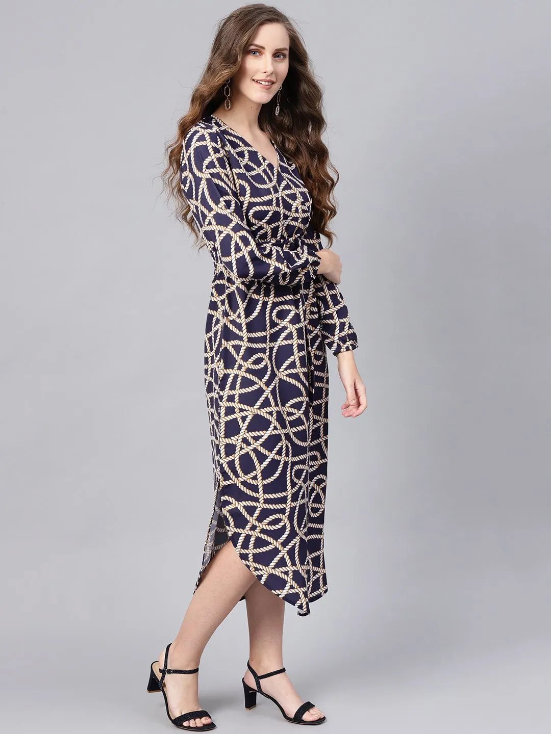 Navy Linked Print Belted Wrap Dress