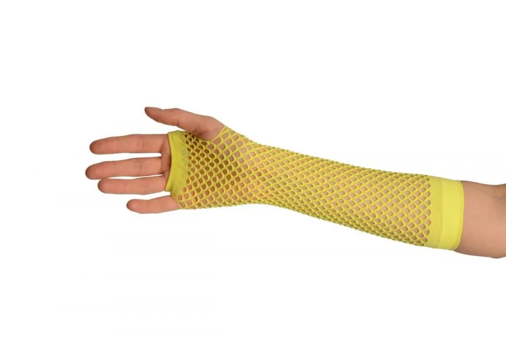 Neon Yellow Fishnet Mesh Net Fingerless Party Gloves