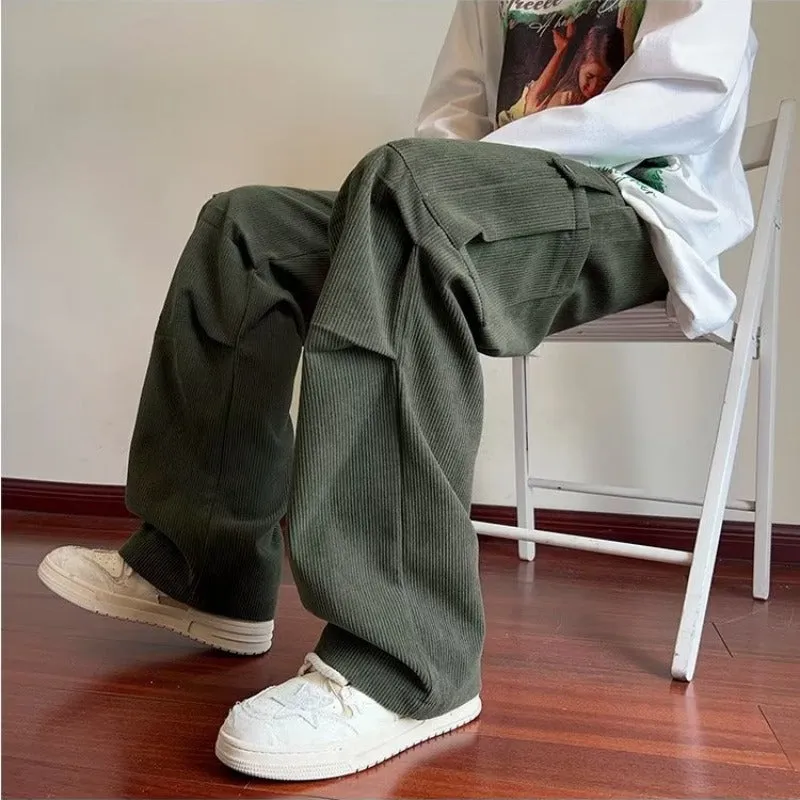 Nukty-shop 90s fashion men Corduroy Overalls Men's Spring New Loose Straight Pants Trendy All-Match Wide-Leg Sports Casual Trousers