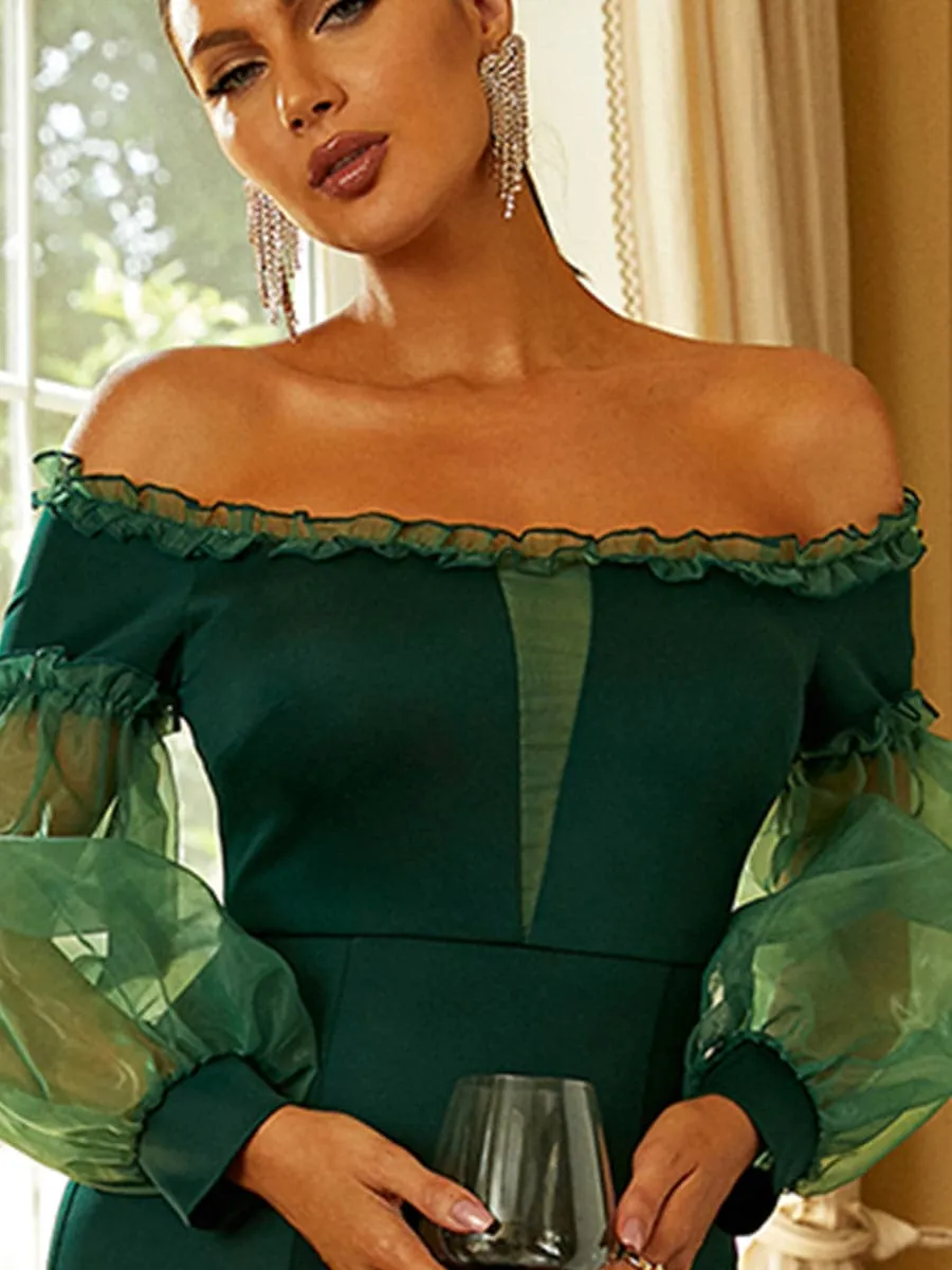 Off Shoulder Long Sleeve Green Cocktail Dress XJ1483