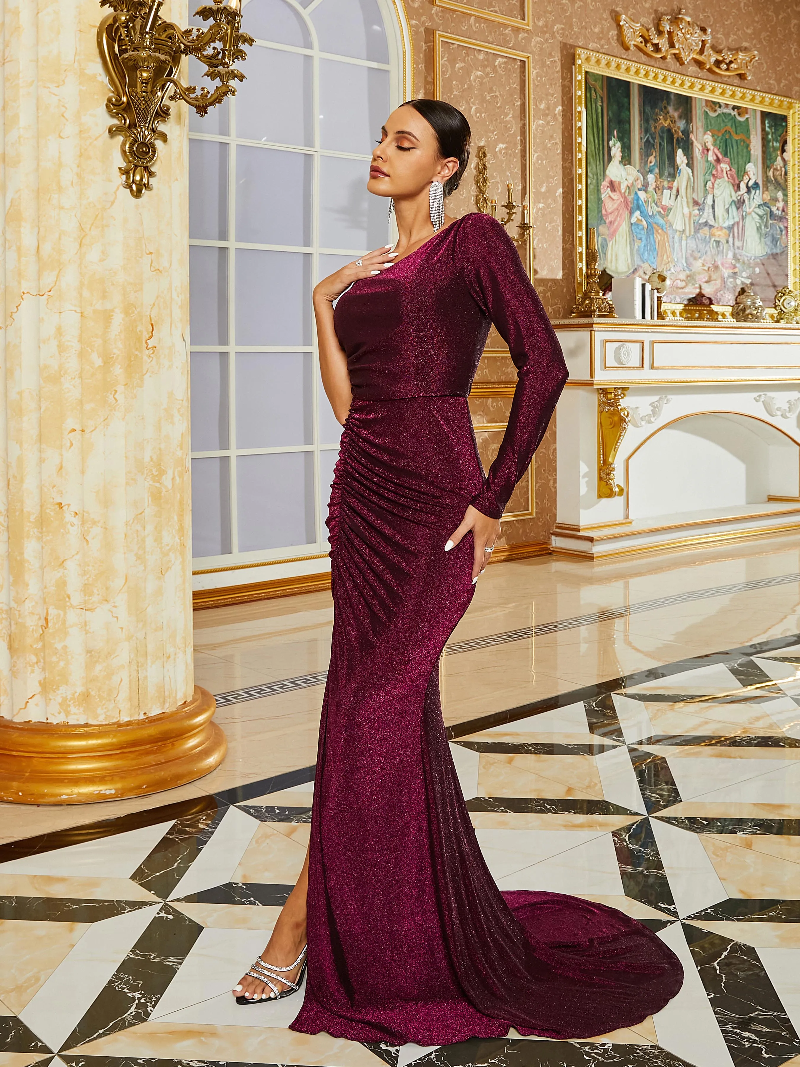 One Shoulder Ruched High Split Wine Prom Dress RA60137