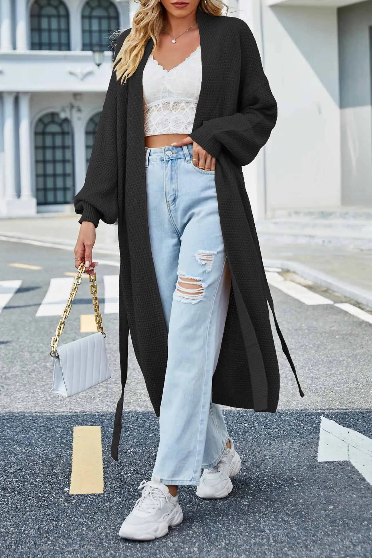 Open Front Tie-waist Long Cardigan