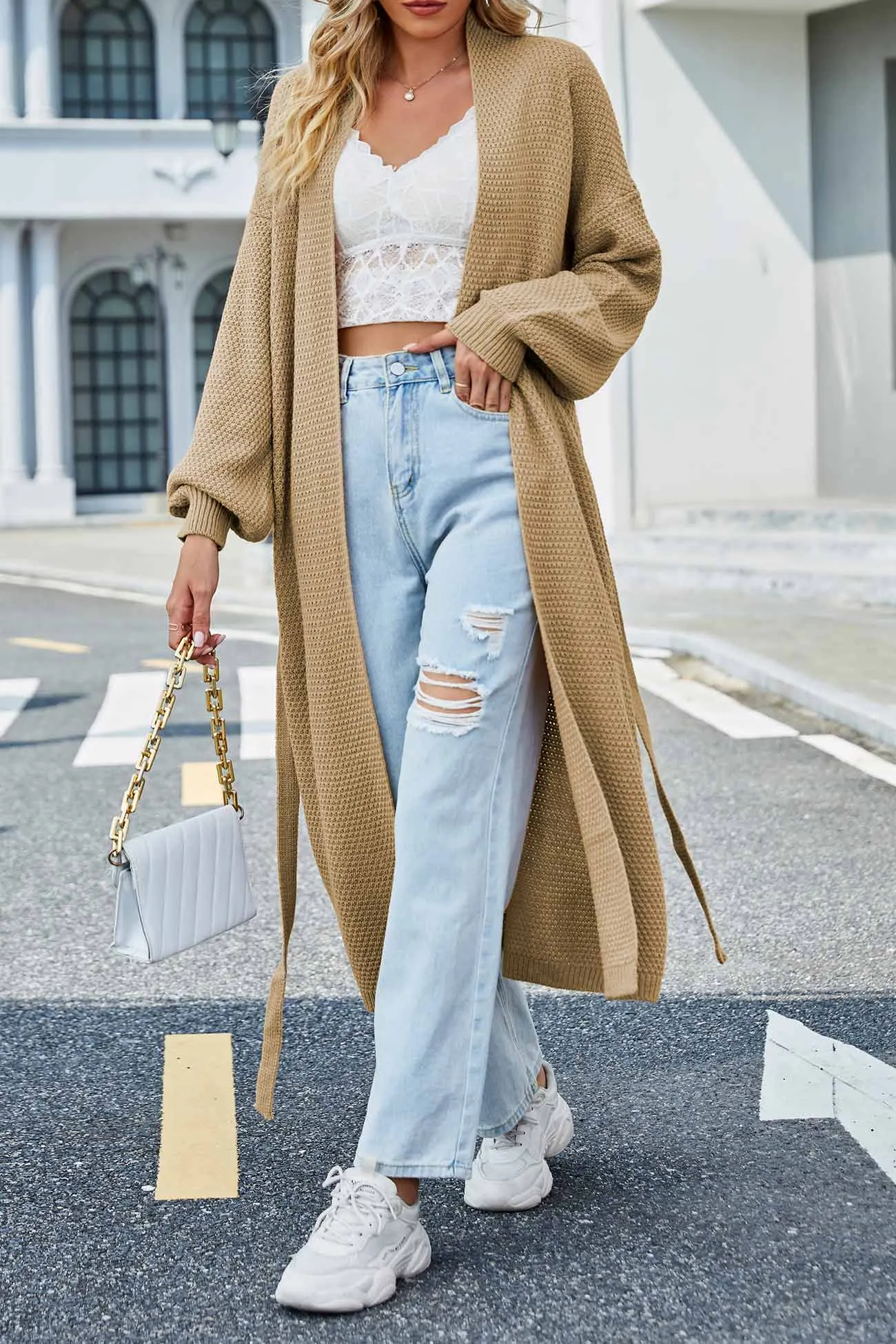 Open Front Tie-waist Long Cardigan