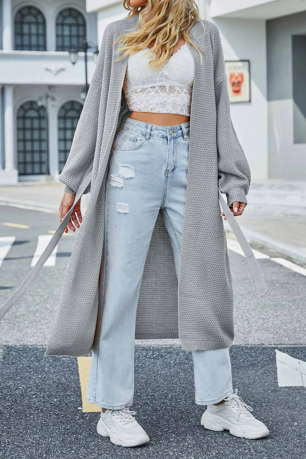 Open Front Tie-waist Long Cardigan