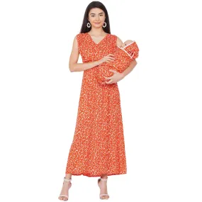 Orange floral  Maxi Maternity dress for Mom  & Matching Baby Wrapper set