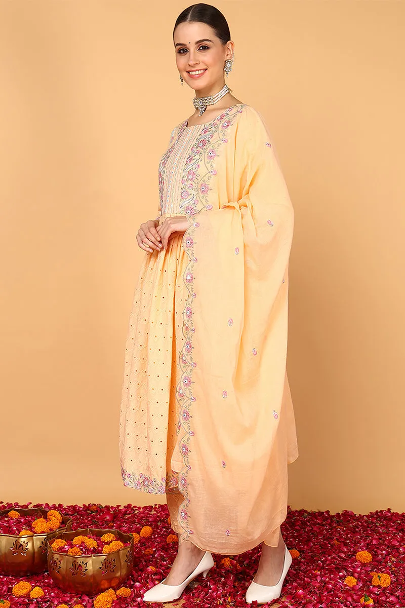 Orange Pure Cotton Solid Embroidered Flared Suit Set