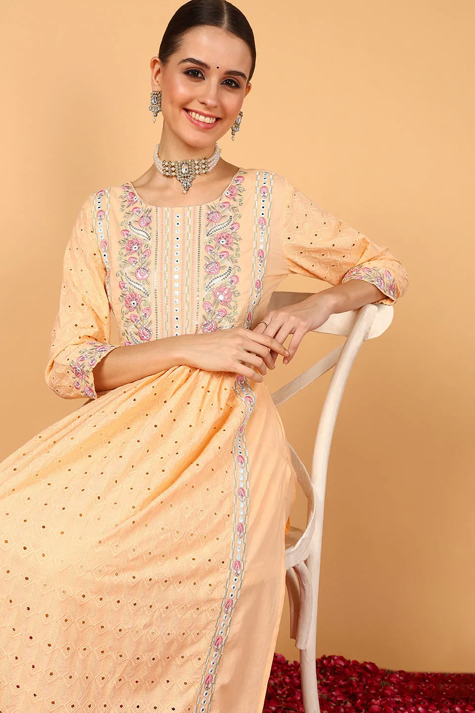 Orange Pure Cotton Solid Embroidered Flared Suit Set