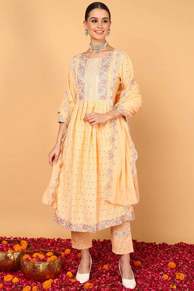 Orange Pure Cotton Solid Embroidered Flared Suit Set