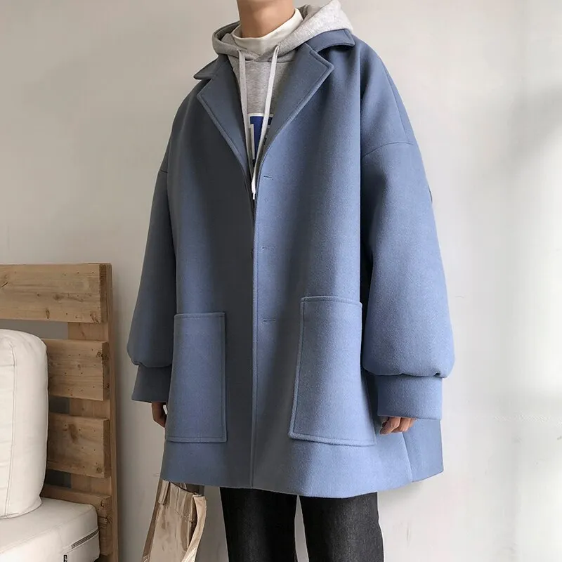 Oversized Men's Korean Pure Color Autumn And Winter Wool Coat Black Harajuku Windbreaker Flannel Button Coat