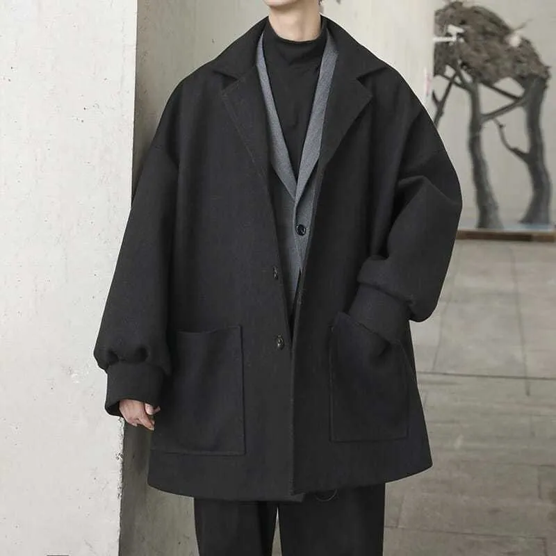 Oversized Men's Korean Pure Color Autumn And Winter Wool Coat Black Harajuku Windbreaker Flannel Button Coat