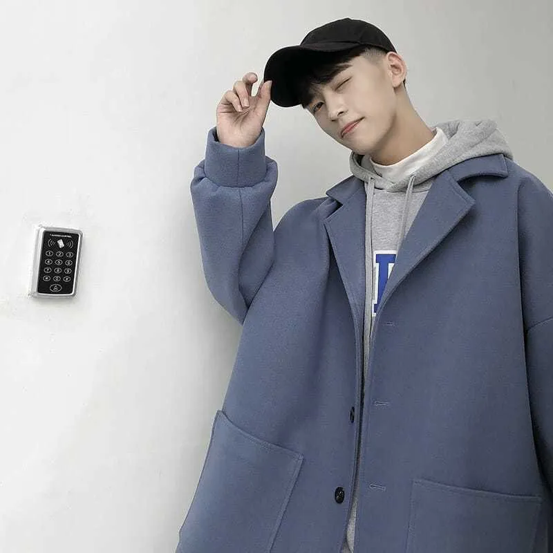 Oversized Men's Korean Pure Color Autumn And Winter Wool Coat Black Harajuku Windbreaker Flannel Button Coat