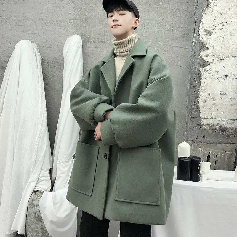 Oversized Men's Korean Pure Color Autumn And Winter Wool Coat Black Harajuku Windbreaker Flannel Button Coat