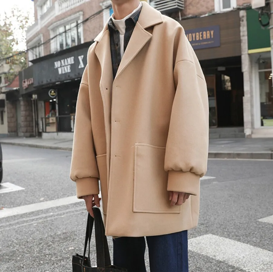 Oversized Men's Korean Pure Color Autumn And Winter Wool Coat Black Harajuku Windbreaker Flannel Button Coat