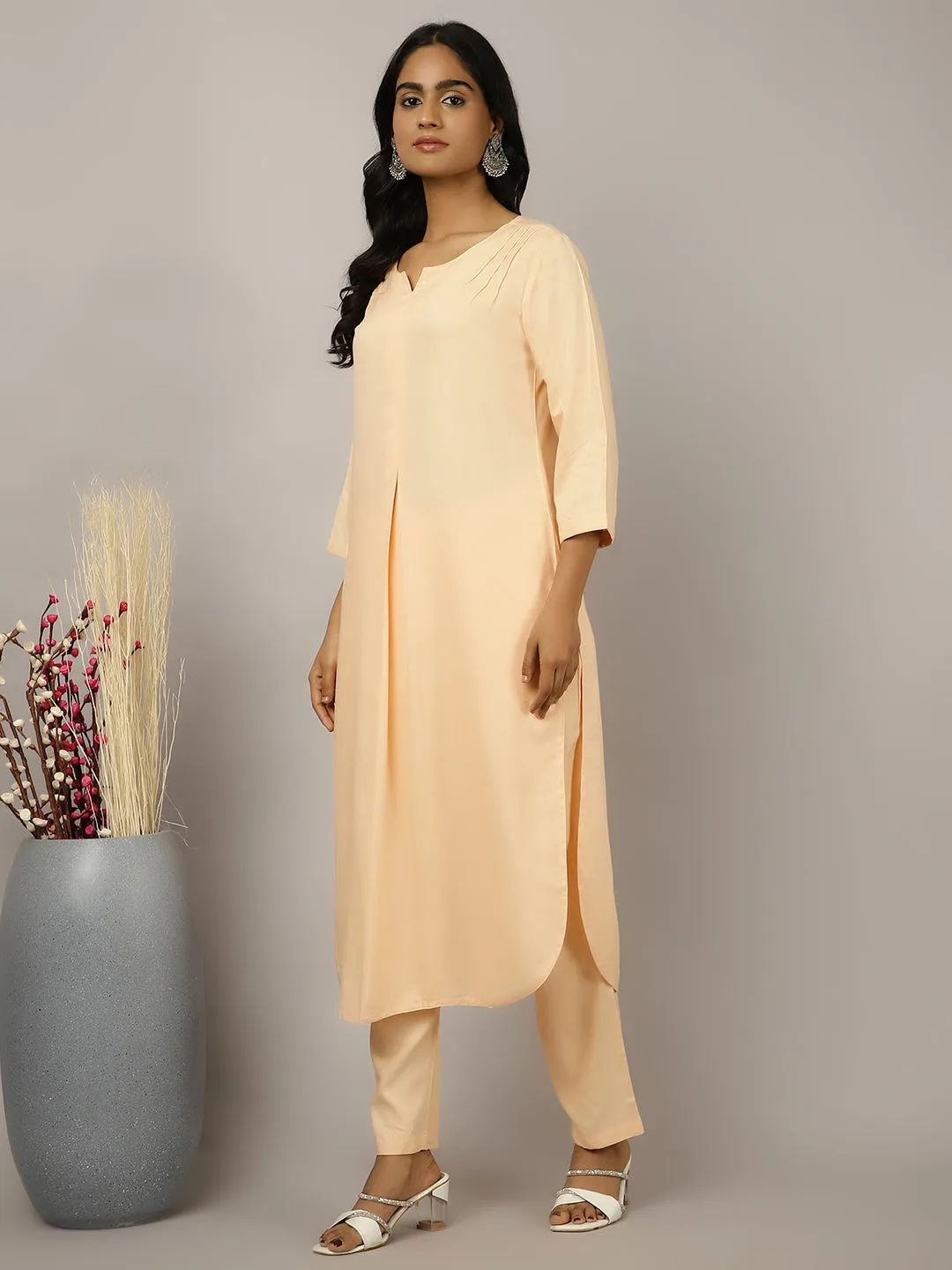 Peach Pleated Straight Kurta With Pants