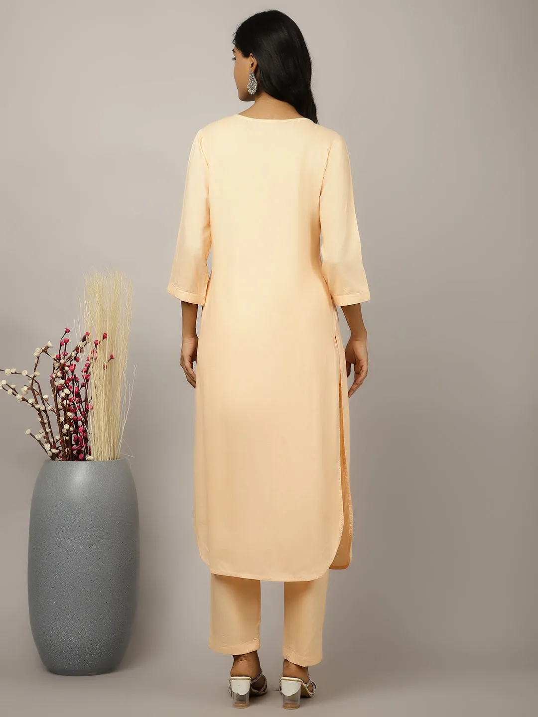 Peach Pleated Straight Kurta With Pants