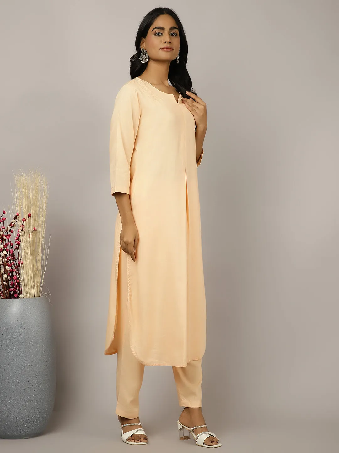 Peach Pleated Straight Kurta With Pants