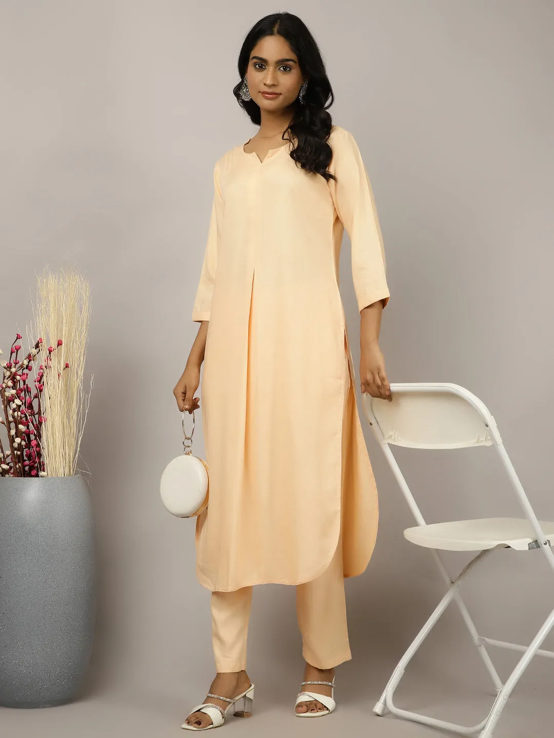 Peach Pleated Straight Kurta With Pants