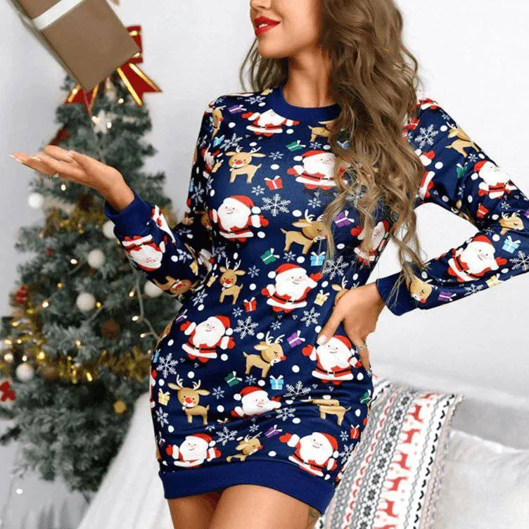 Pearl Lantern Sleeve Turtleneck Christmas Print Dress