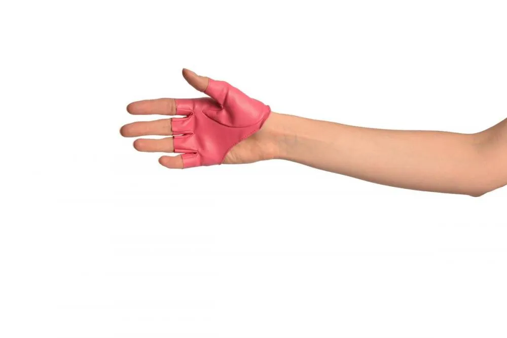 Pink Faux Leather Open Asymmetrical Cut Fingerless Gloves