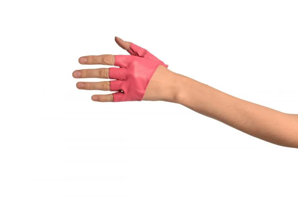 Pink Faux Leather Open Asymmetrical Cut Fingerless Gloves