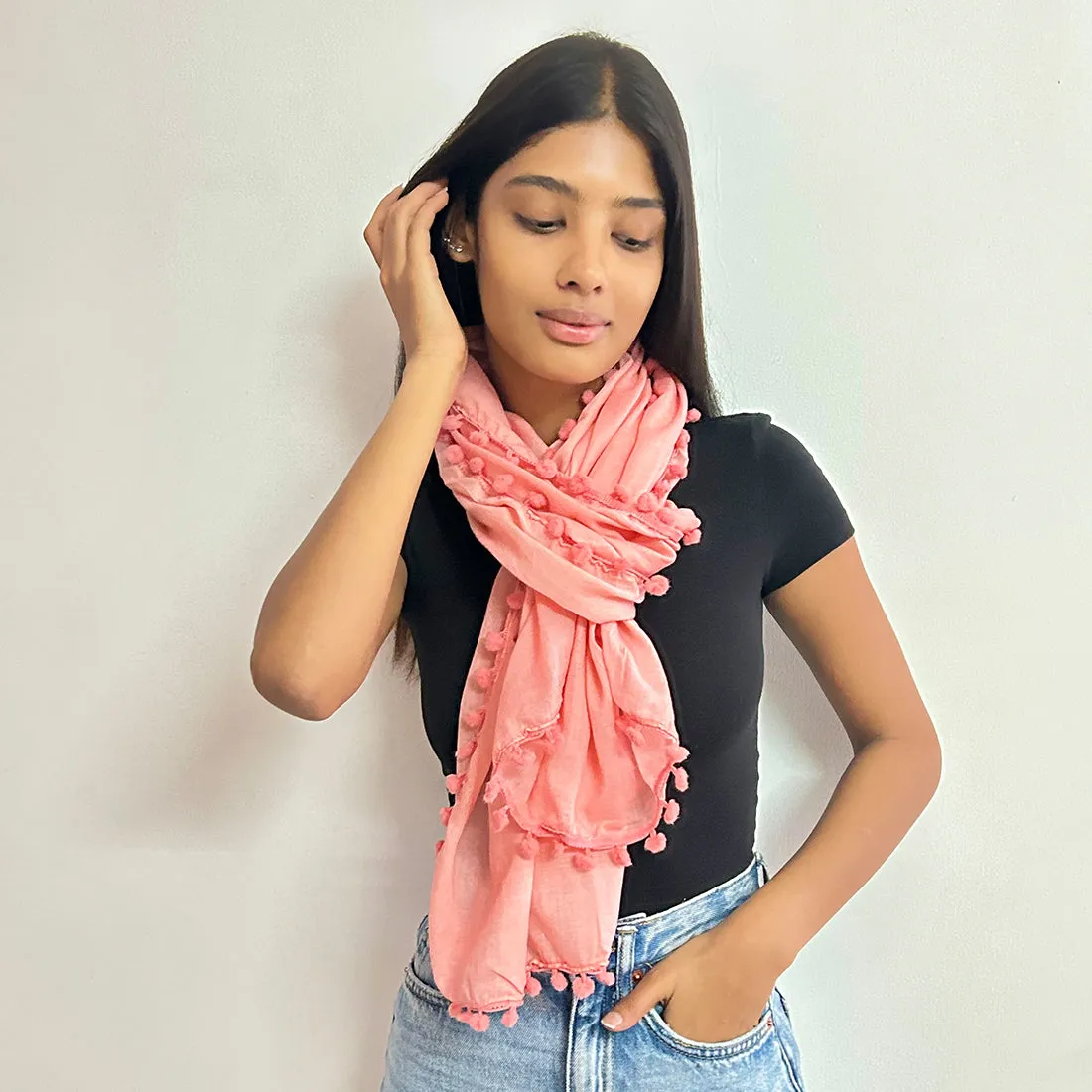 Pink Pom Pom Border Solid Viscose Scarf