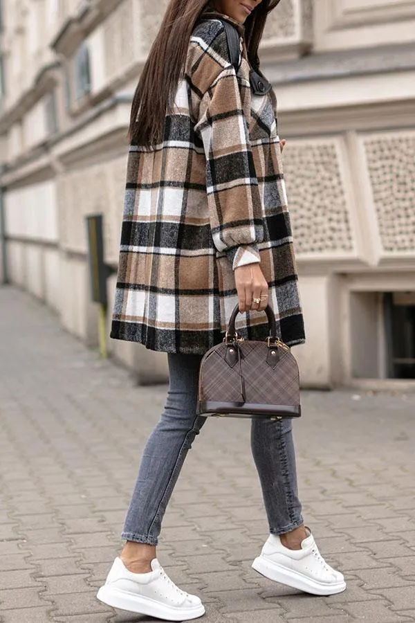 Plaid PU Patchwork Button Overcoat