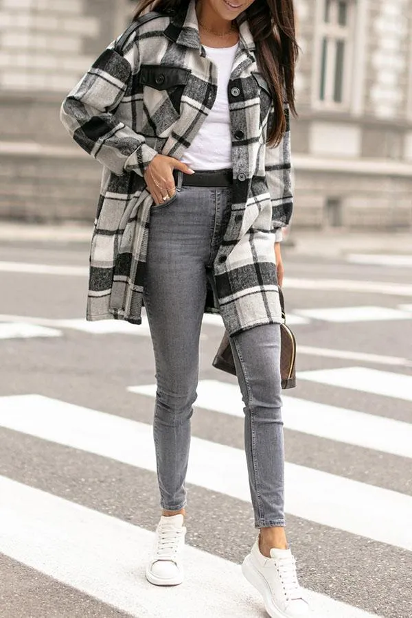 Plaid PU Patchwork Button Overcoat