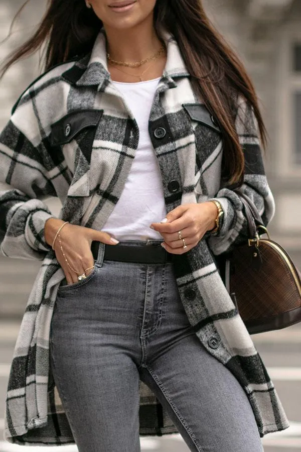 Plaid PU Patchwork Button Overcoat