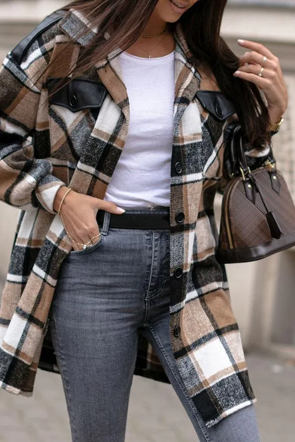 Plaid PU Patchwork Button Overcoat