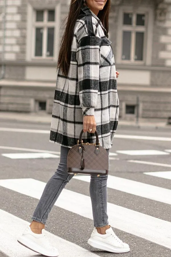 Plaid PU Patchwork Button Overcoat