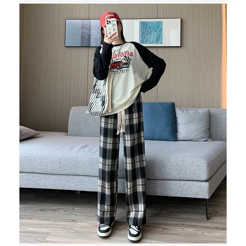 Plus Plaid Sports Loose Fit Casual Pants