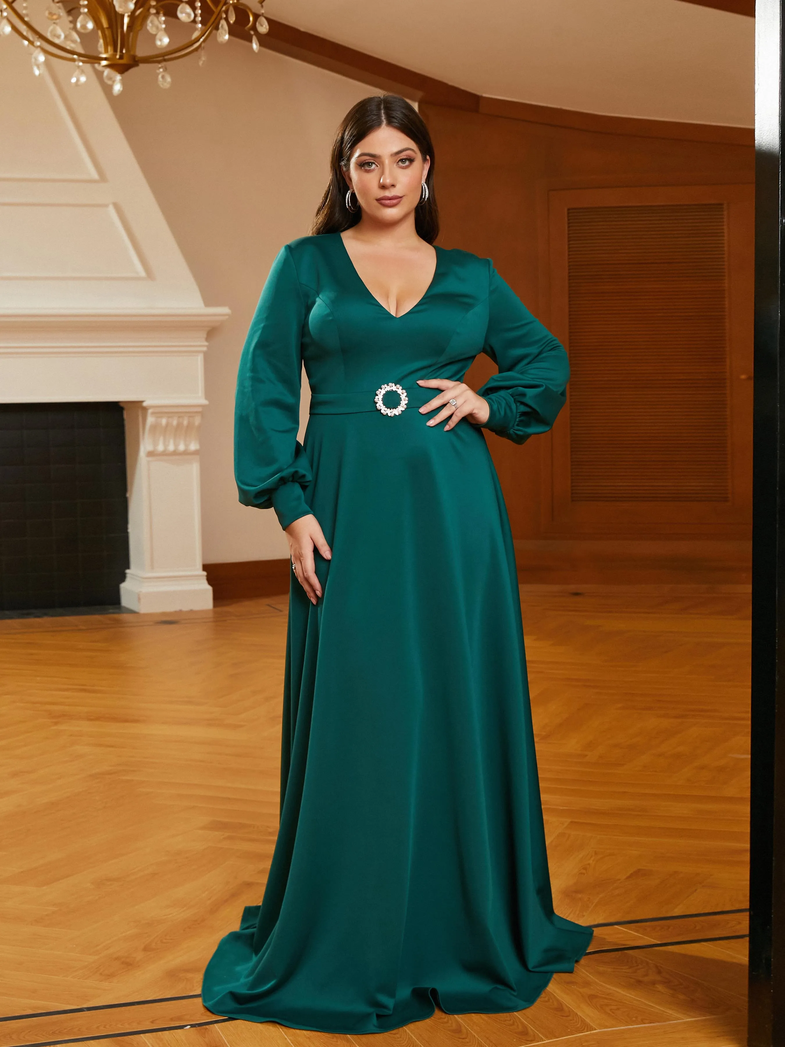 Plus Size V-neck A-line Belt Green Wedding Guest Dress PRM20854