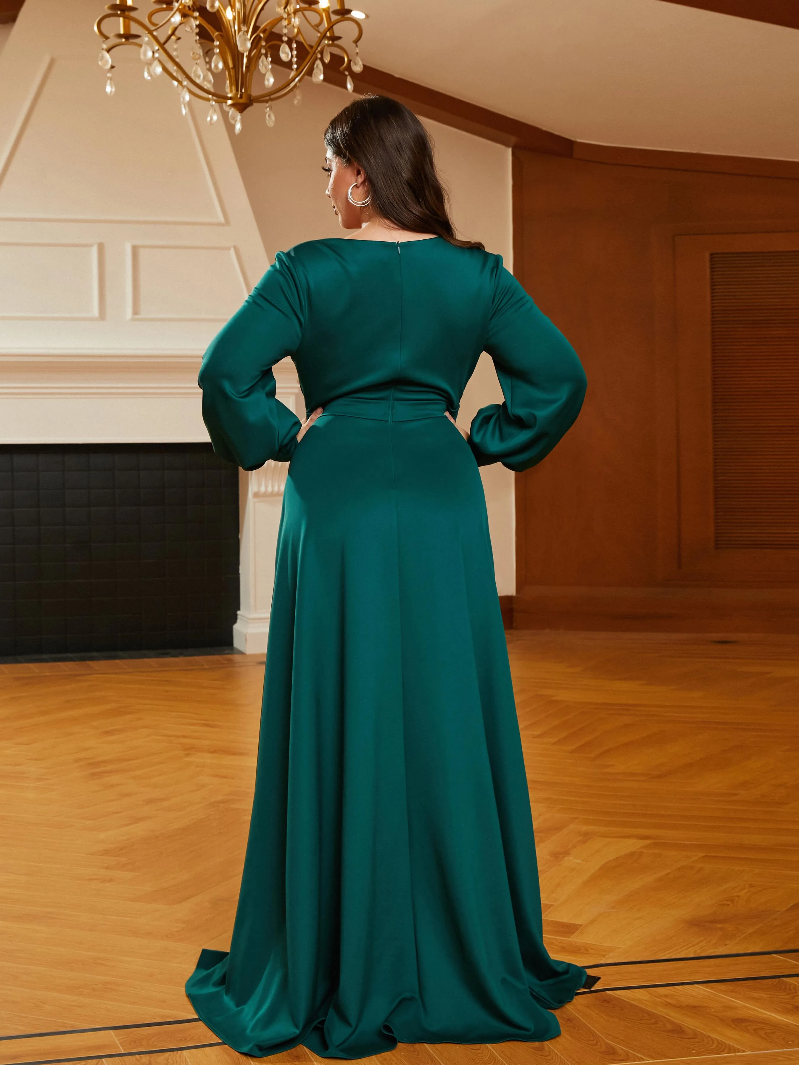 Plus Size V-neck A-line Belt Green Wedding Guest Dress PRM20854