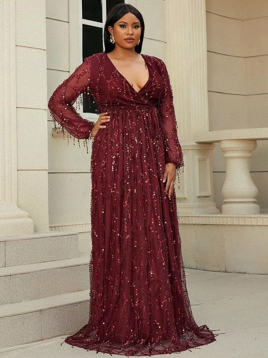 Plus Size V Neck Mesh Sleeve Red Maxi Sequin Formal Dress P0376