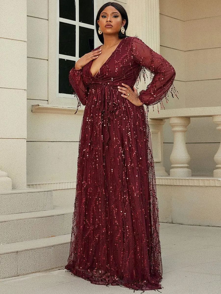 Plus Size V Neck Mesh Sleeve Red Maxi Sequin Formal Dress P0376