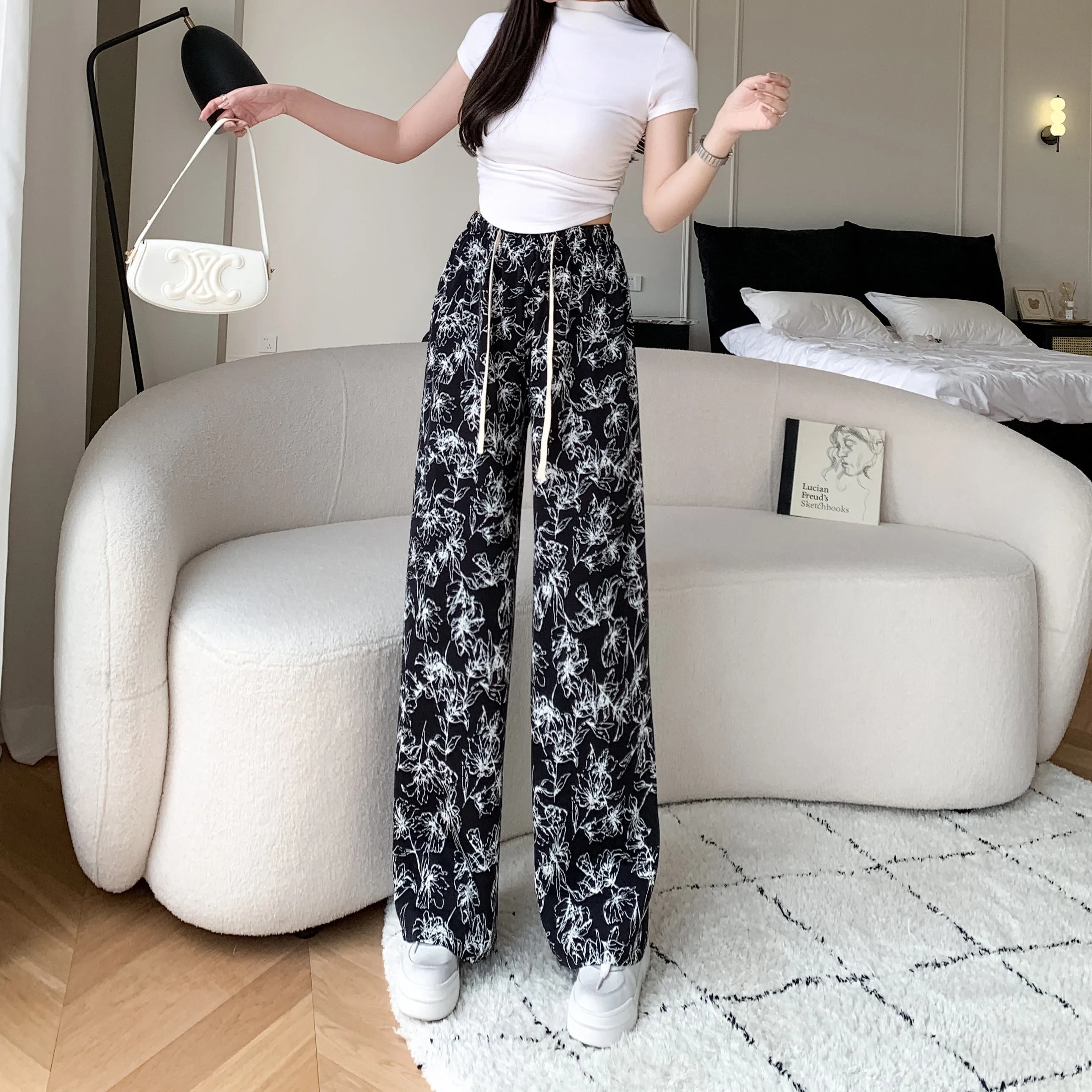 Printed High-Waisted Straight Leg Casual Slimming Look Silky Pants