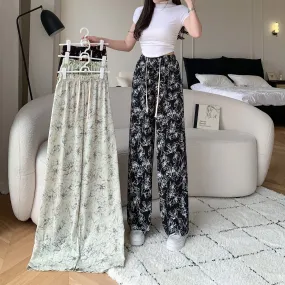 Printed High-Waisted Straight Leg Casual Slimming Look Silky Pants