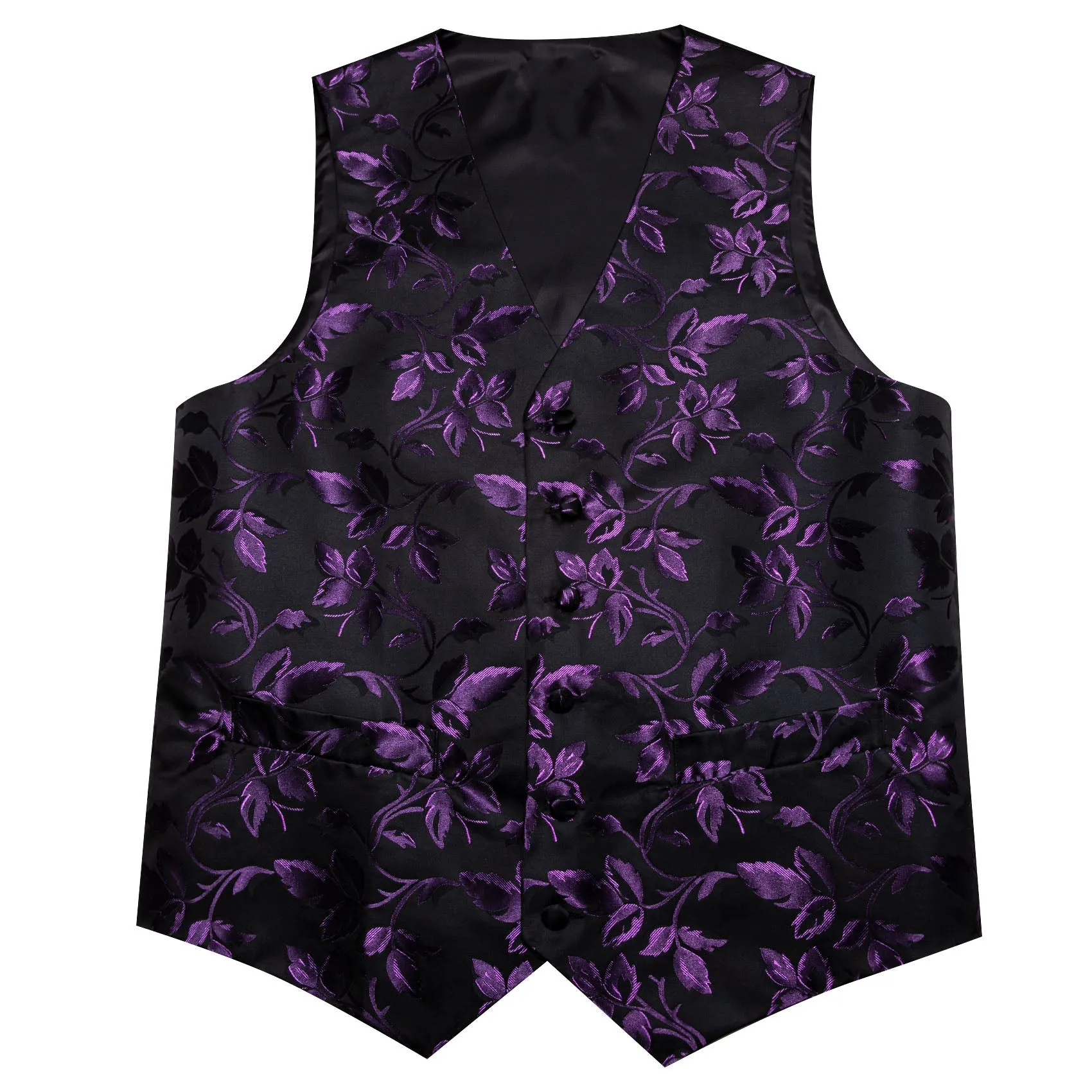 Purple Black Floral Leaf Silk Men's Vest Hanky Cufflinks Tie Set